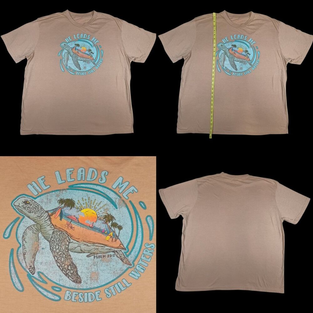 Psalm 23:2 Sea Turtle Shirt Christian Coastal Beach Graphic Tee Women's XL-XXL